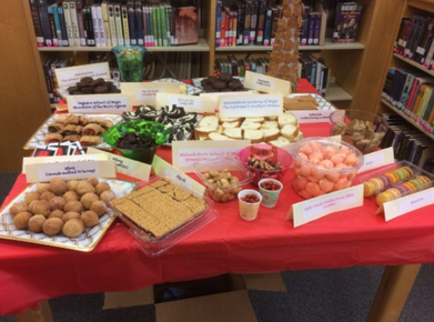 A table covered in treats and different types of food. 