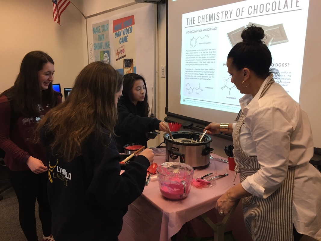 A presenter teaches a group of girls about the chemistry of chocolate. 