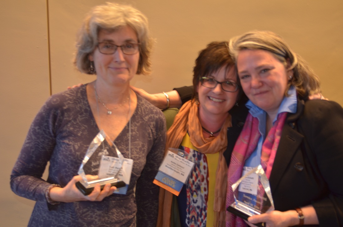 Judi Paradis (left) and Robin Cicchetti (right) received the 2016 Service Award, pictured here with MSLA president Anita Cellucci. Missing from photo, Carol Gordon. 