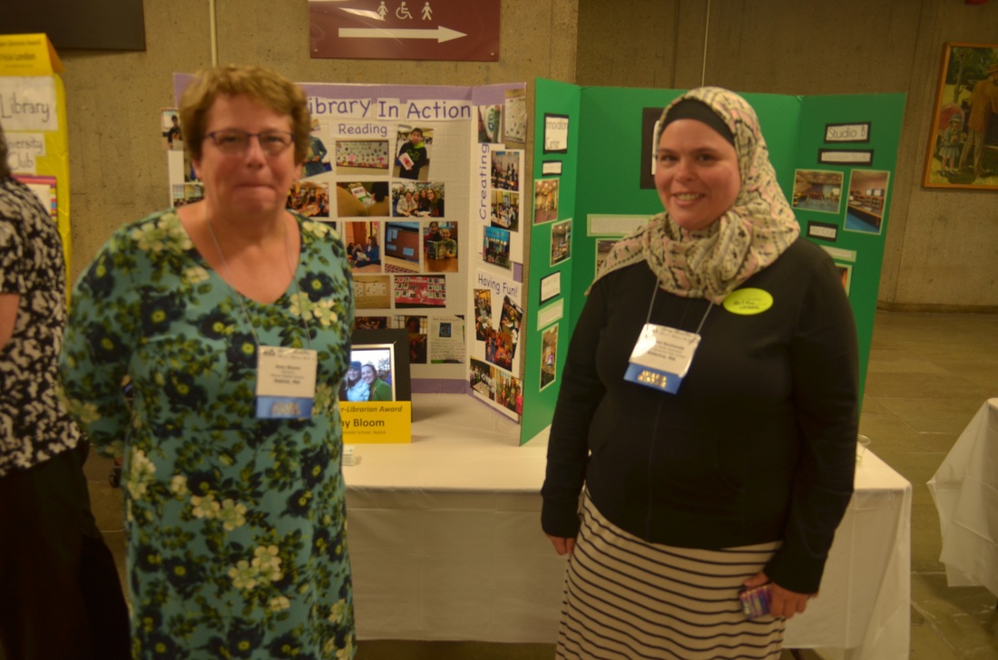 Super Librarians Amy Bloom (Wilson Middle, Natick) and Rachel Bouhanda (Billerica High School)  with their Awards Expo displays