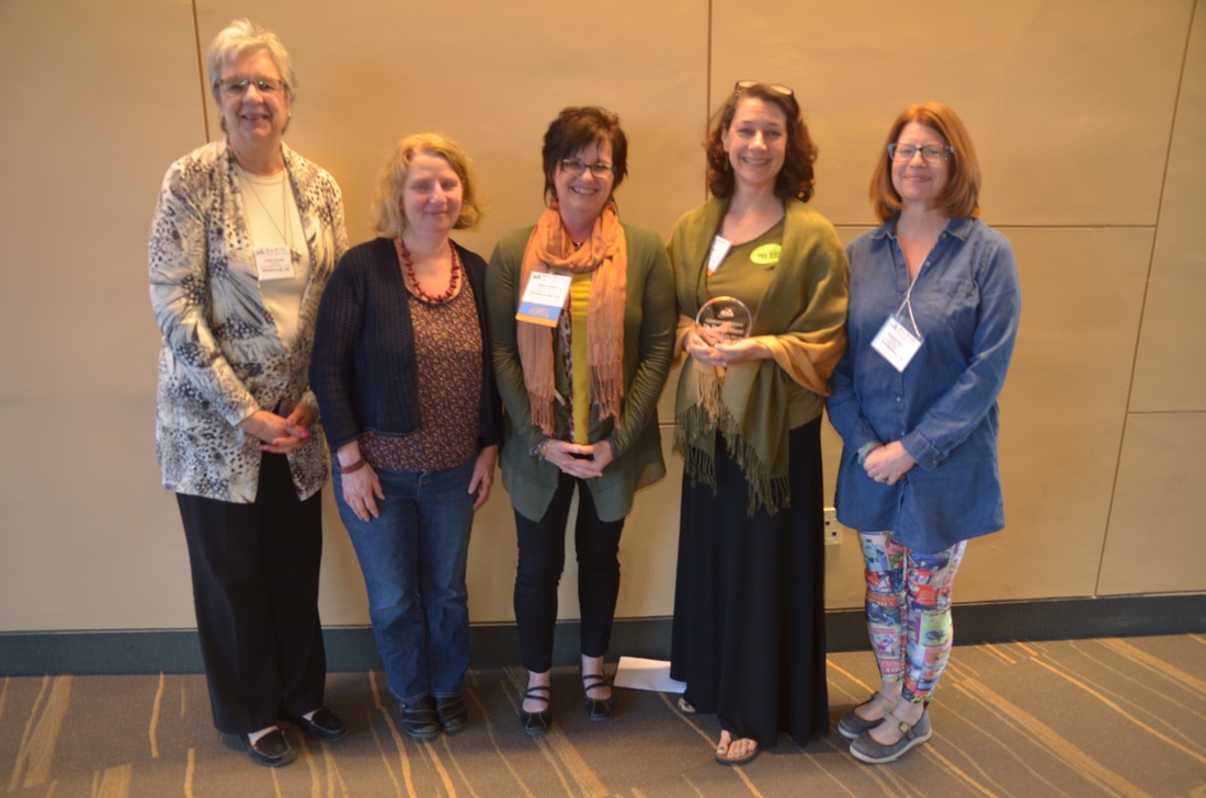 Dr. Daniel Mayer, District Administrator of Westborough Public Schools was not able to be present at the Awards Ceremony, but the Westborough Librarians were there: (l-r) Linda Kimball,  Dee Kohler, Anita Cellucci (MSLA president), Laura D'Elia (Westborough parent), Barbara Zinkovich