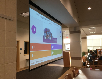 There is a projector screen displaying a trivia question and four answer choices from the app Kahoot - red triangle, orange circle, blue diamond or green square. There is also a picture of Sully from Monsters, Inc.